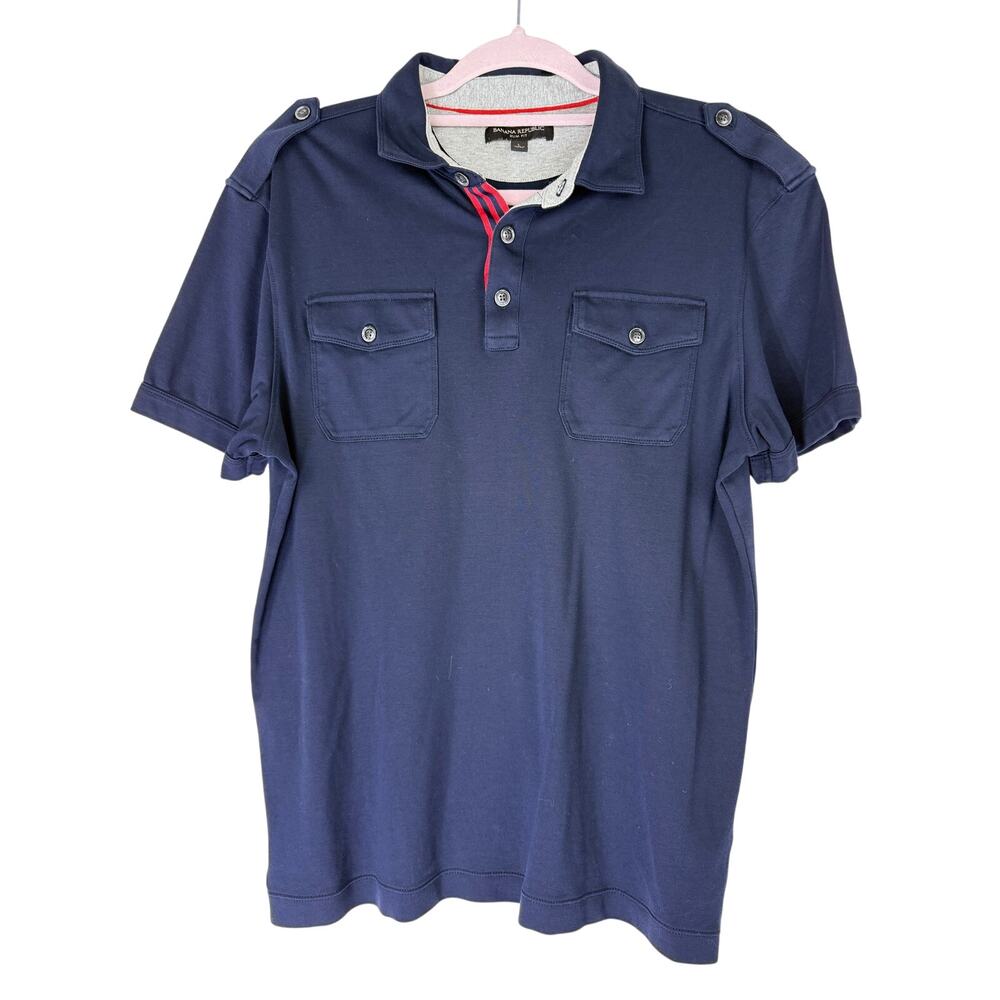 Banana Republic Slim Fit Navy Blue Admiral Lux Short Sleeve Cotton Shirt Size L